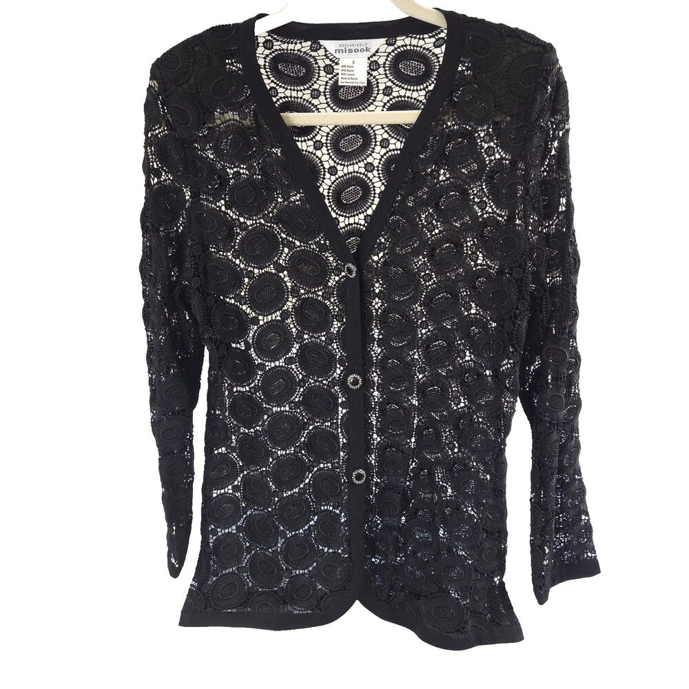 Misook Crochet Lace Cardigan Sweater S Open Knit Black Jewel Button Minimalist